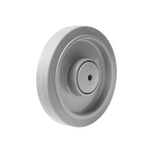 160mm elastic rubber wheel, grey tread with PA6 nylon core, silent operation, durable for industrial carts and trolleys.