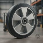 Heavy-duty industrial rubber wheel 300x60mm, aluminum core, precision bearing, ISO 9001 certified, warehouse background.
