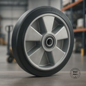 Heavy-duty industrial rubber wheel 300x60mm, aluminum core, precision bearing, ISO 9001 certified, warehouse background.
