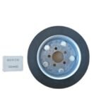 Heavy-duty rubber drive wheel, 300x80 mm size, reinforced metal hub with bolt holes, optimized for robust industrial machinery operation.