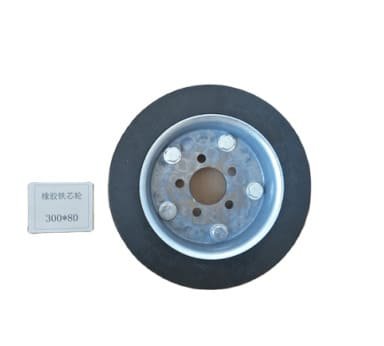 Heavy-duty rubber drive wheel, 300x80 mm size, reinforced metal hub with bolt holes, optimized for robust industrial machinery operation.