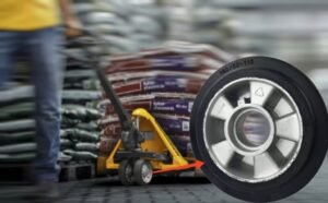 Pallet truck rubber wheel, aluminum core, used for heavy-duty hand pallet jacks, highlighted in warehouse material handling.