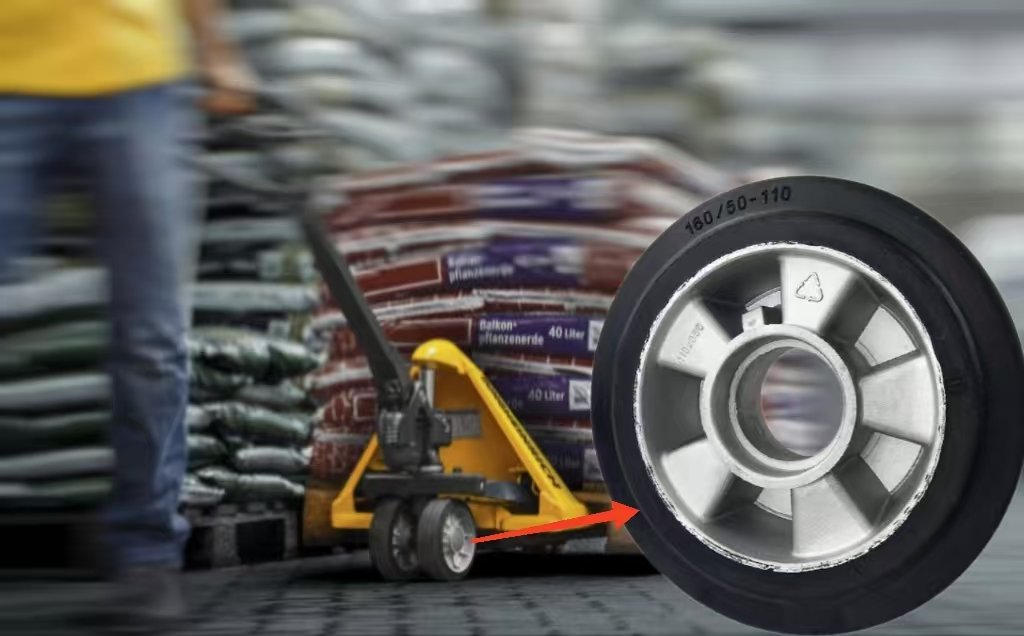 Pallet truck rubber wheel, aluminum core, used for heavy-duty hand pallet jacks, highlighted in warehouse material handling.