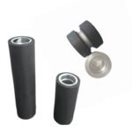 Industrial rubber roller, black rubber coating, aluminum core, designed for conveyor belt and machinery applications in manufacturing processes.