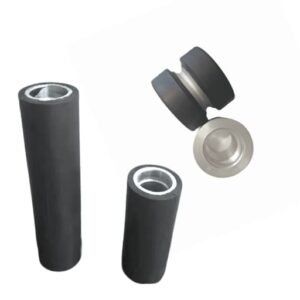 Industrial rubber roller, black rubber coating, aluminum core, designed for conveyor belt and machinery applications in manufacturing processes.