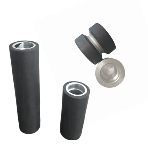 Industrial rubber roller, black rubber coating, aluminum core, designed for conveyor belt and machinery applications in manufacturing processes.