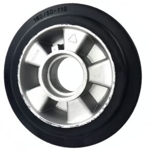 Rubber wheel 160/50-110, aluminum alloy core with six spokes, black solid rubber tread, used for industrial carts or machinery