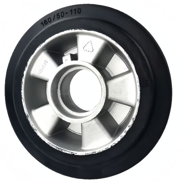 Rubber wheel 160/50-110, aluminum alloy core with six spokes, black solid rubber tread, used for industrial carts or machinery