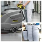 Floor scrubber wheels, Kärcher cleaning machine in use, inset shows stacks of gray 200×50 mm roller wheels, textured tread design.