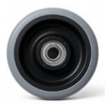 Industrial caster wheel with gray rubber tread, black plastic hub, and a central precision ball bearing, suitable for material handling equipment or trolleys.