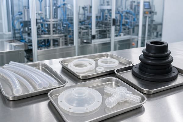 Silicone parts for food, medical, pharmaceutical, and industrial use, including clear tubing, seals, diaphragms, connectors, and black bellows