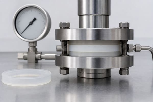 Cured silicone mechanical and sealing performance test, showing a white ring compressed in a pressure fixture with a monitoring gauge