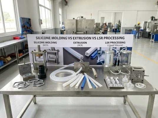 Silicone molding, extrusion, and LSR processing display with molds, tubing, metering equipment, and finished silicone parts in a factory