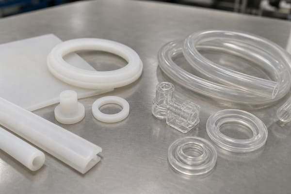 Peroxide and platinum silicone curing samples, showing translucent and opaque tubing, seals, connectors, and molded parts for comparison