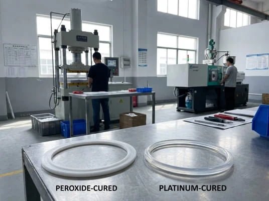 Peroxide-cured vs platinum-cured silicone rings displayed in a production workshop, comparing opaque and transparent finished parts