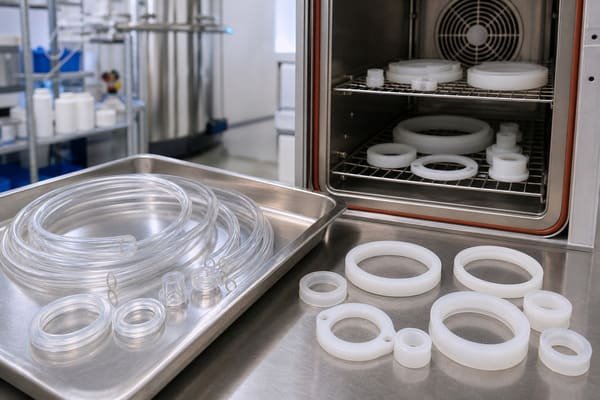 Silicone purity and post-curing comparison, with clear tubing and molded parts beside opaque silicone seals and a laboratory curing oven