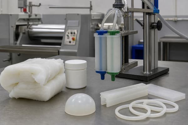 Silicone curing systems with raw compound, metering equipment, extruded profiles, rings, and molded parts on a factory workbench