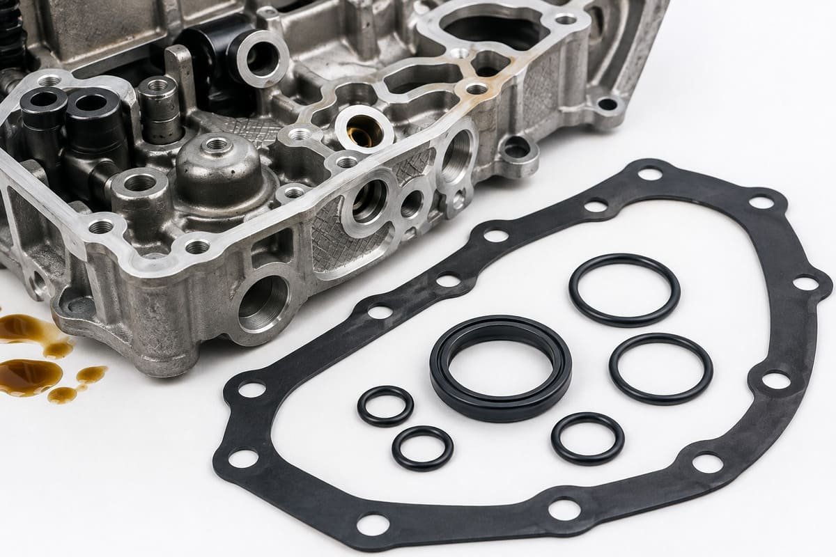 ACM rubber gasket, O-rings and shaft seal arranged beside an aluminum engine housing for oil sealing applications