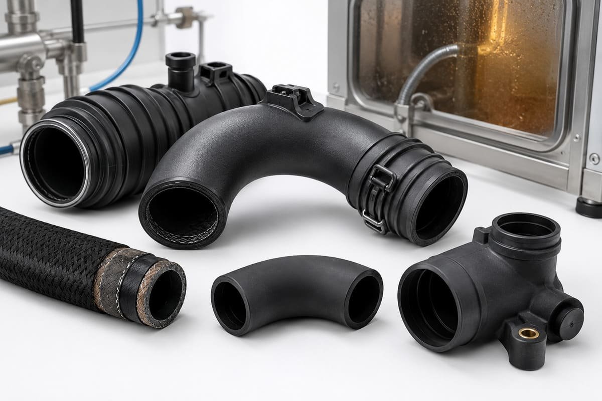 ACM molded rubber hoses and duct components with reinforced sections displayed in a laboratory testing environment