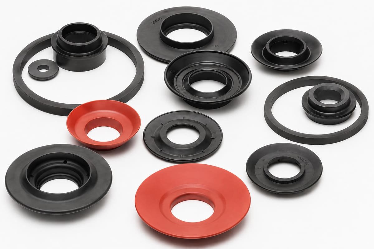 ACM molded rubber components in black and red, including diaphragms, rings and formed seals for industrial applications