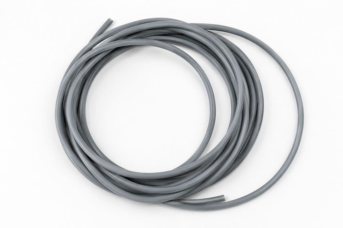 ACM rubber cord in a continuous gray coil, showing smooth round extrusion for custom sealing and gasket applications