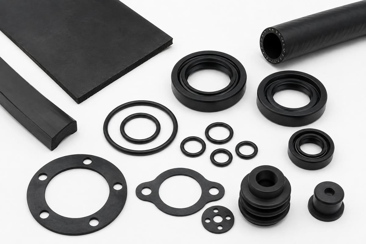 ACM rubber finished parts including sheet, reinforced hose, oil seals, O-rings, gaskets and molded bellows on white background