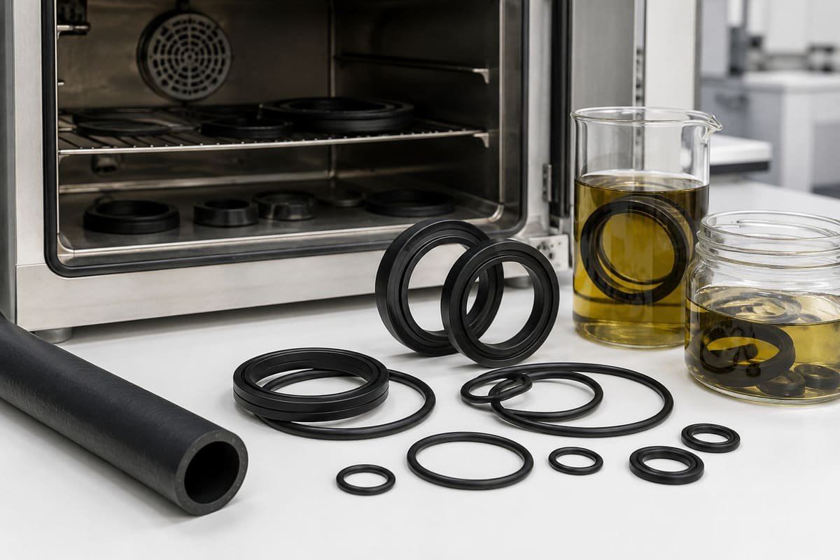 ACM rubber seals undergoing oven aging and oil immersion testing to evaluate heat and lubricant resistance