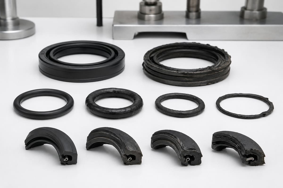 ACM rubber seal failure examples comparing intact and deteriorated oil seals and O-rings with cracking and surface damage