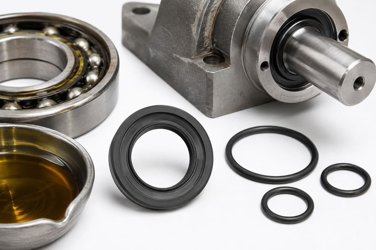 ACM rubber shaft seals and O-rings displayed with bearing housing and lubricating oil for rotating equipment sealing
