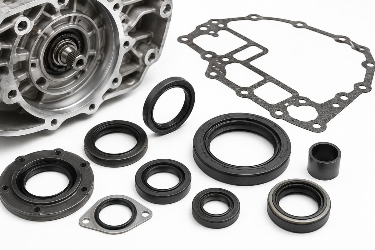ACM rubber oil seals and gaskets in multiple sizes displayed with a transmission housing for rotating shaft sealing