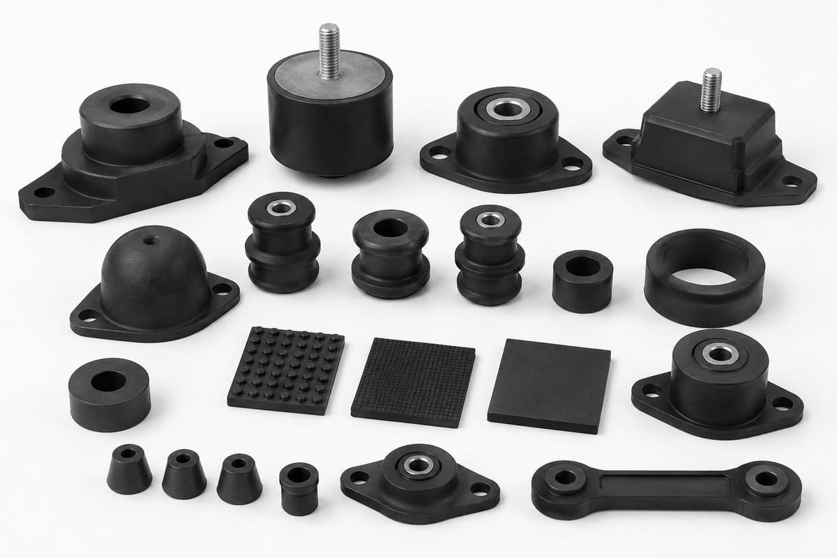 Butyl rubber vibration mounts, bushings, buffers and rubber-to-metal isolators arranged for industrial machinery applications.