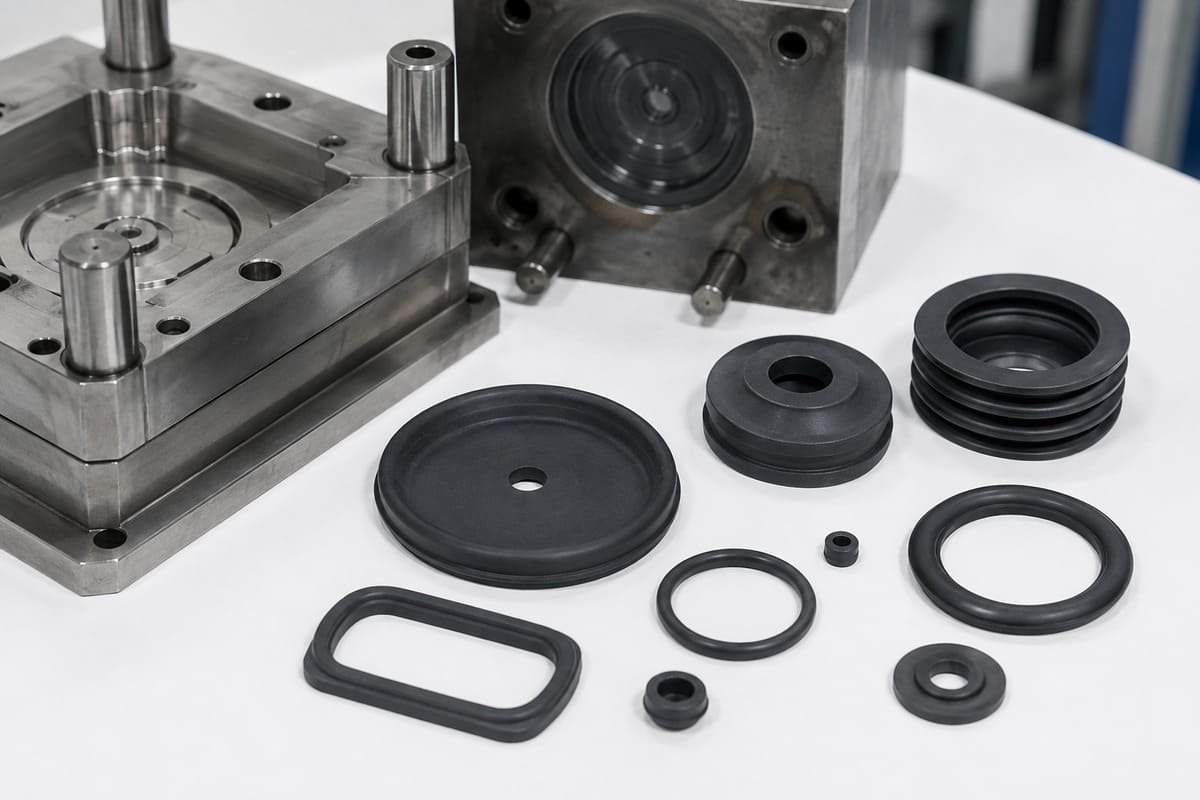 Butyl rubber molding, metal tooling displayed with diaphragms, bellows, O-rings and custom molded sealing components.