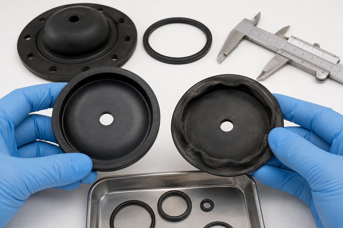 Butyl rubber diaphragm inspection, technician compares new and deformed molded diaphragms to evaluate service-related failure.