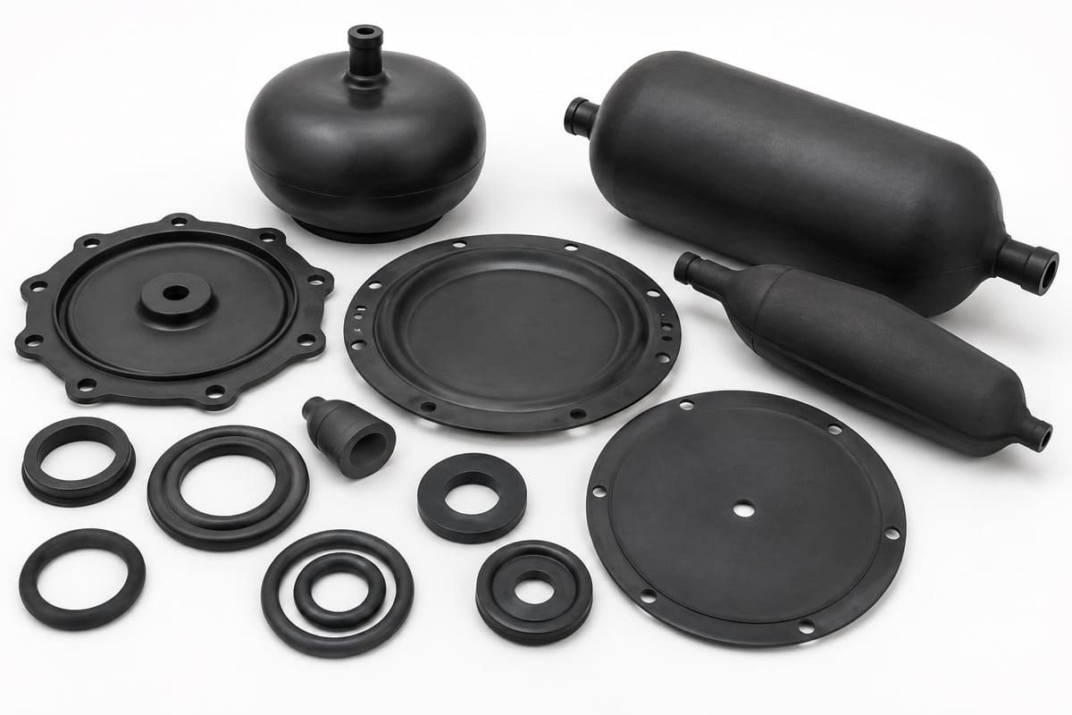 Butyl rubber diaphragms, inflatable bladders, seals and molded rings displayed for pressure and fluid control applications.