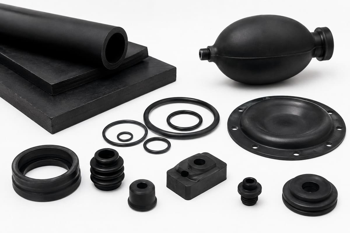 Butyl rubber molding, metal tooling displayed with diaphragms, bellows, O-rings and custom molded sealing components.