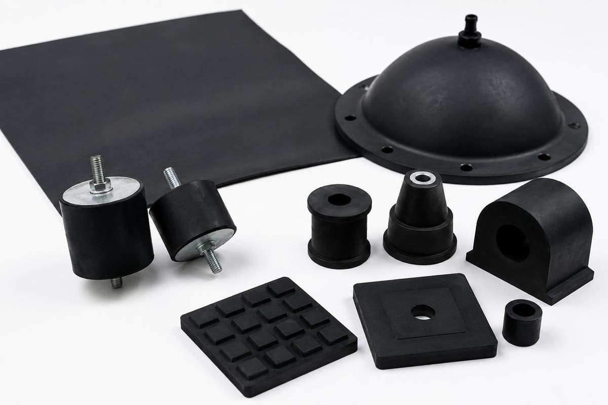 Butyl rubber products, black sheet, vibration mounts, bushings and molded pads arranged on a clean white background.