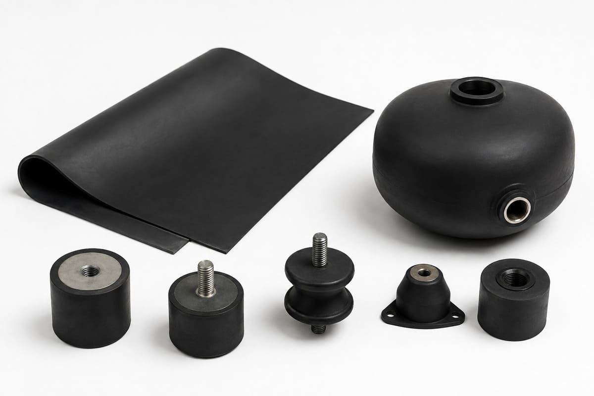 Butyl rubber products, flexible sheet, molded bladder and rubber-to-metal mounts displayed for industrial sealing applications.