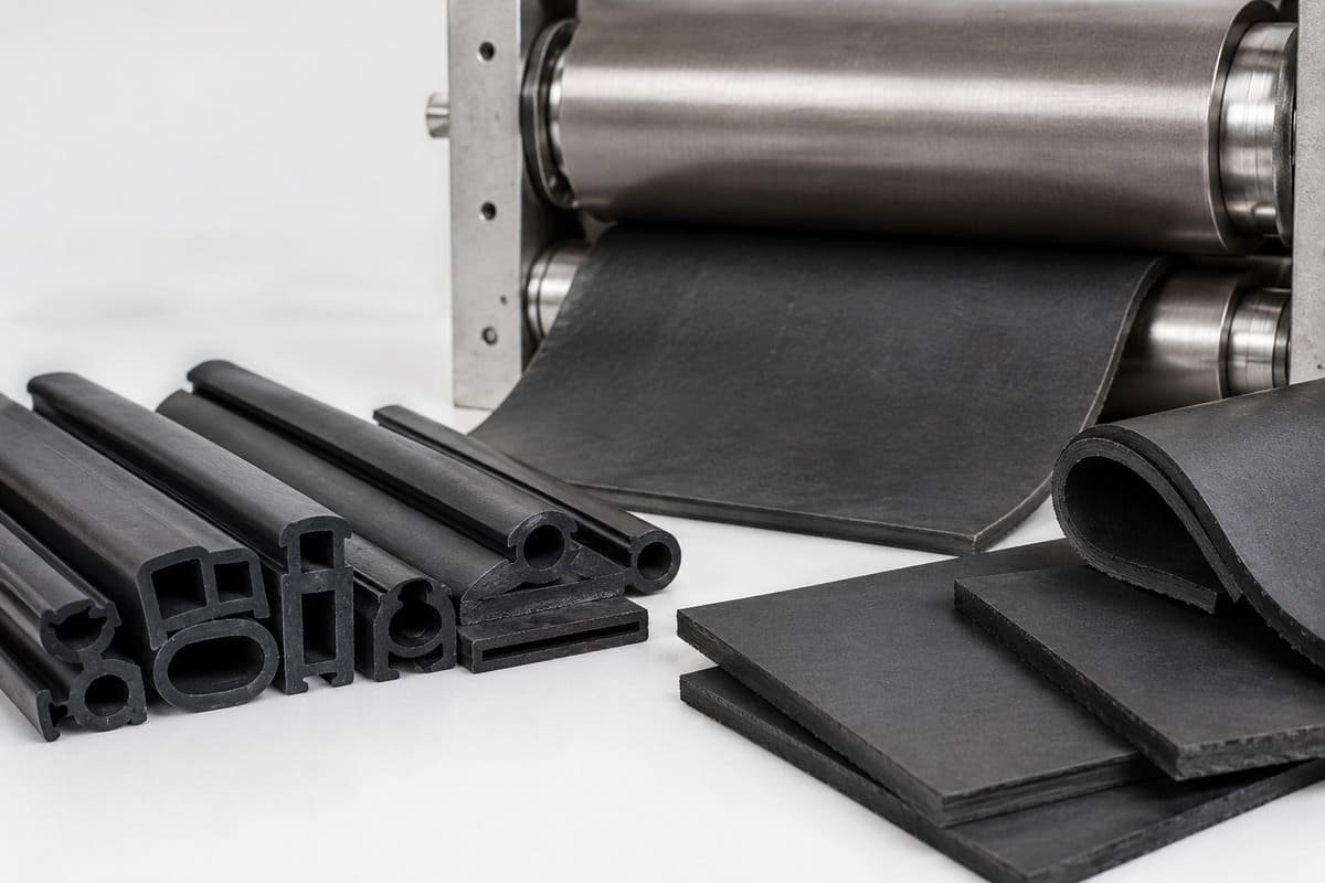 Butyl rubber processing, black sheets and custom extruded profiles displayed beside calendering equipment for manufacturing.