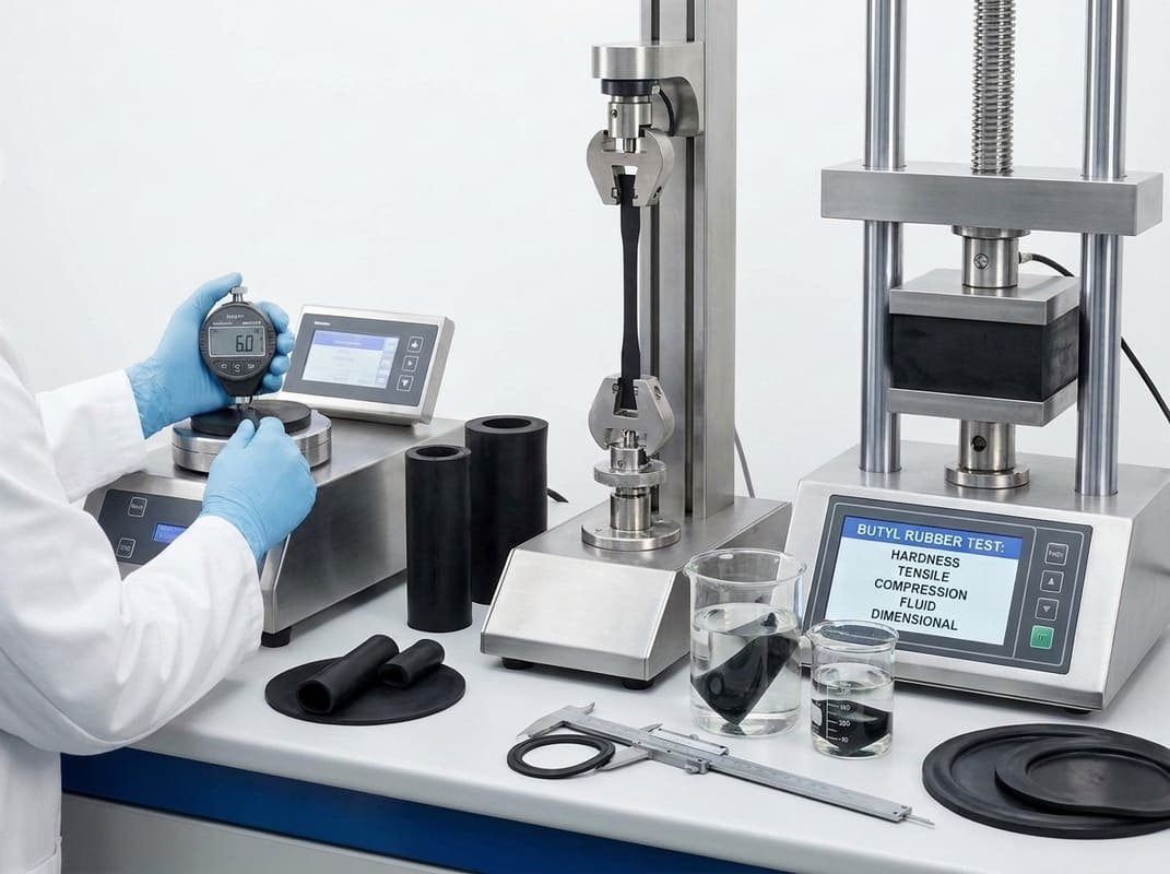 Butyl rubber testing, laboratory equipment measures hardness, tensile strength, compression and dimensional properties of samples.