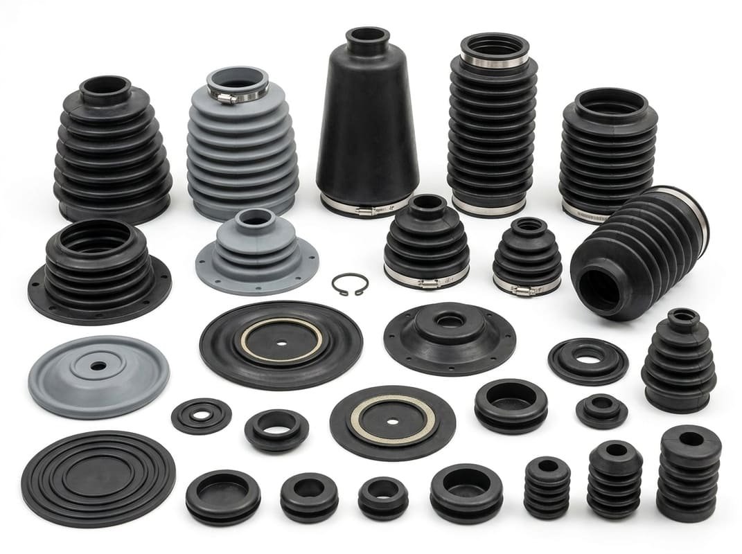 Custom rubber bellows and diaphragms, showing black and gray convoluted boots, clamped covers and molded flexible seals.