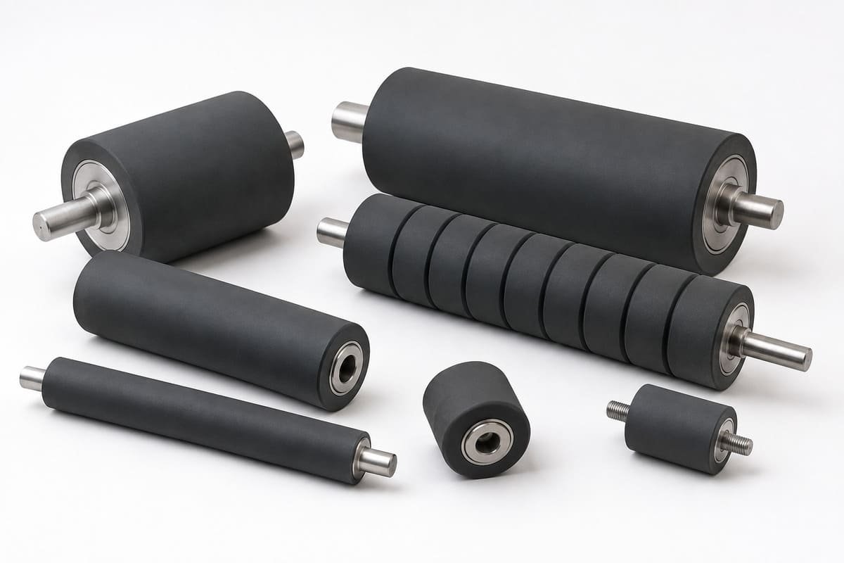 ECO rubber rollers, black cylindrical coverings with metal shafts and multiple diameters for industrial conveying applications.