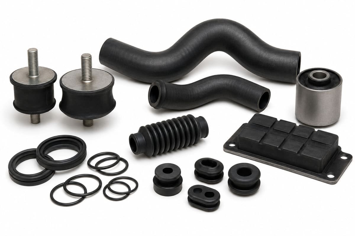 Engineering machinery rubber components including hoses, vibration mounts, bellows, O-rings, bushings, pads, and molded seals.