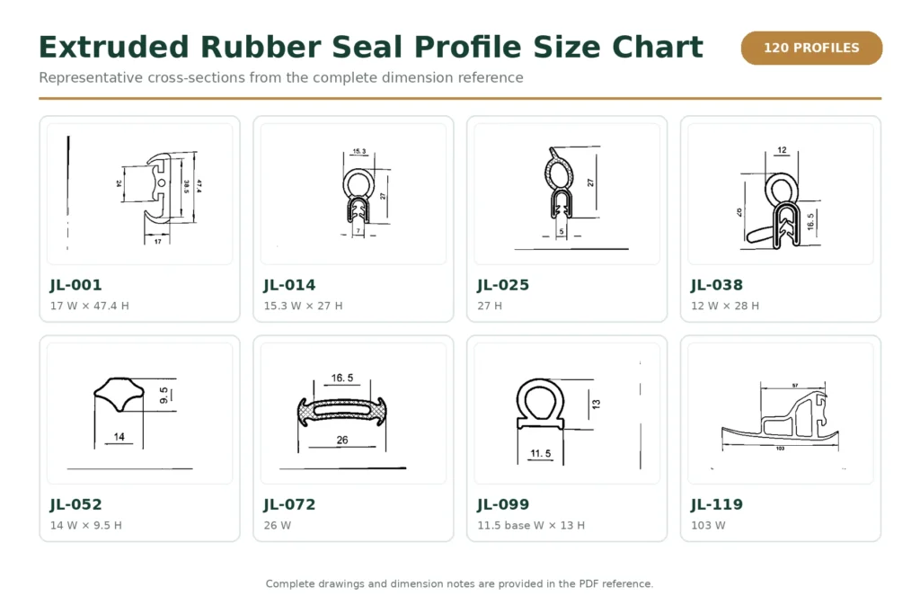 Extruded rubber seal profile size chart with representative cross-section drawings