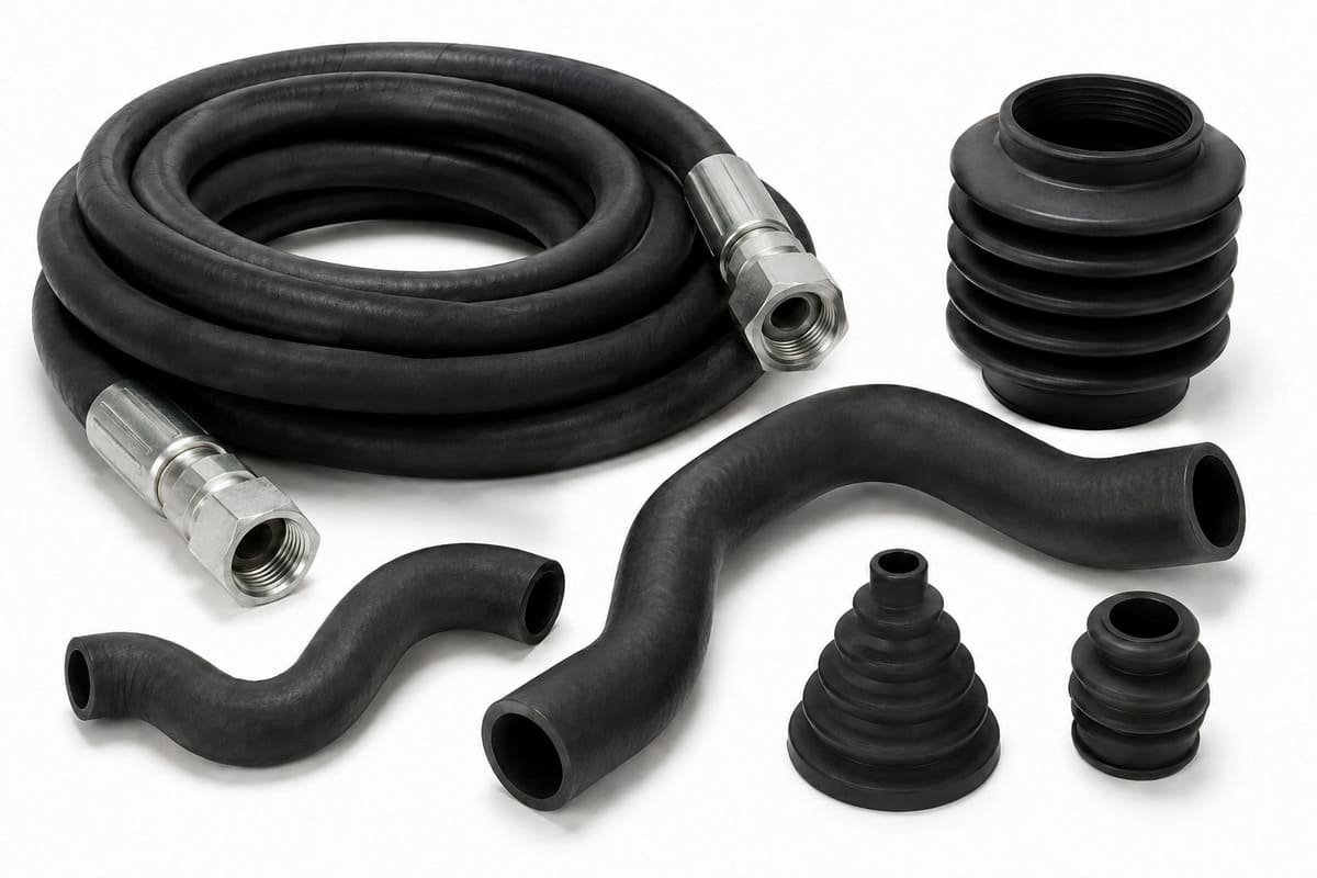 Heavy equipment hydraulic rubber hoses with metal fittings, molded hose bends, and flexible bellows for fluid and dust protection.