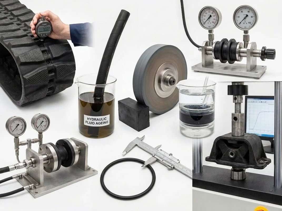 Heavy equipment rubber testing methods showing hardness, fluid aging, rotation, pressure, dimensional, and compression tests.