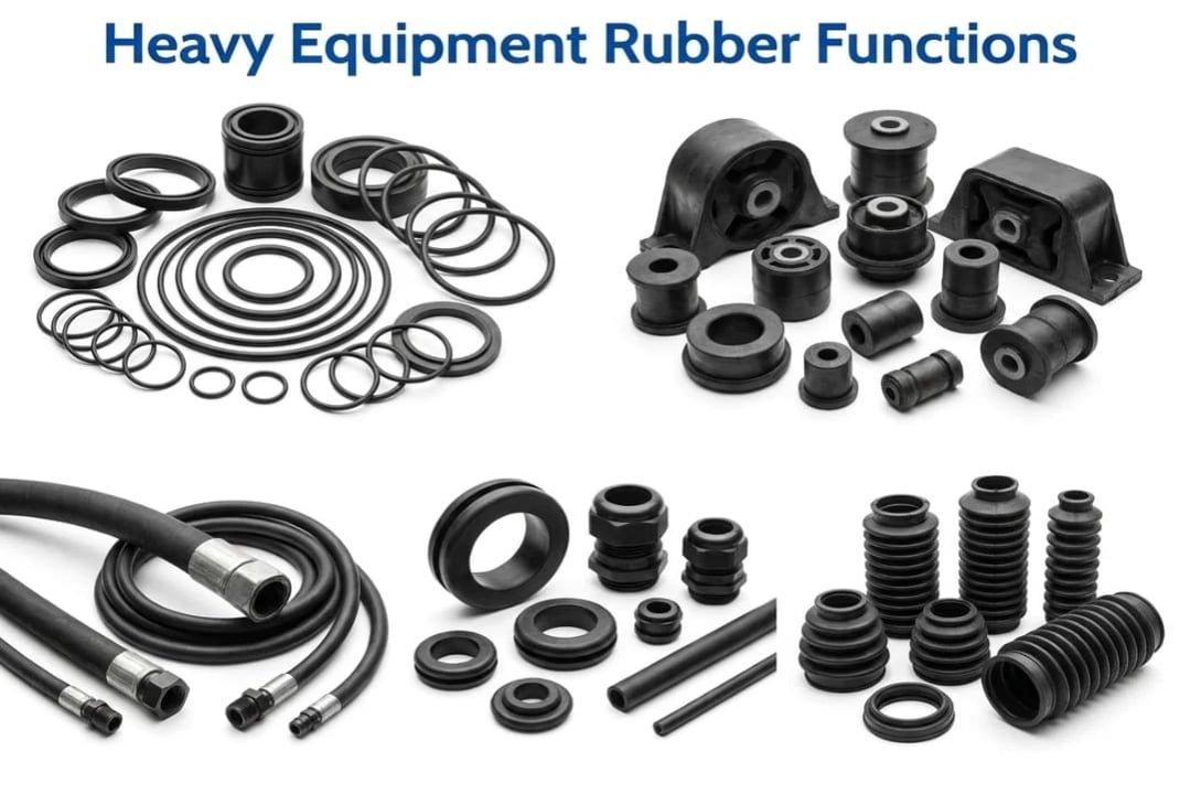 Heavy equipment rubber parts for sealing, vibration damping, hose connections, cable protection, and bellows dust protection.