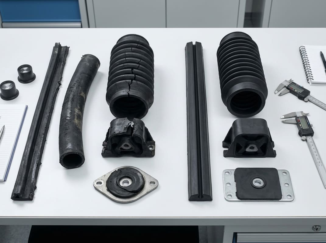 Heavy equipment rubber failure comparison showing cracked hoses, bellows, mounts, and sealing parts beside intact reference samples.