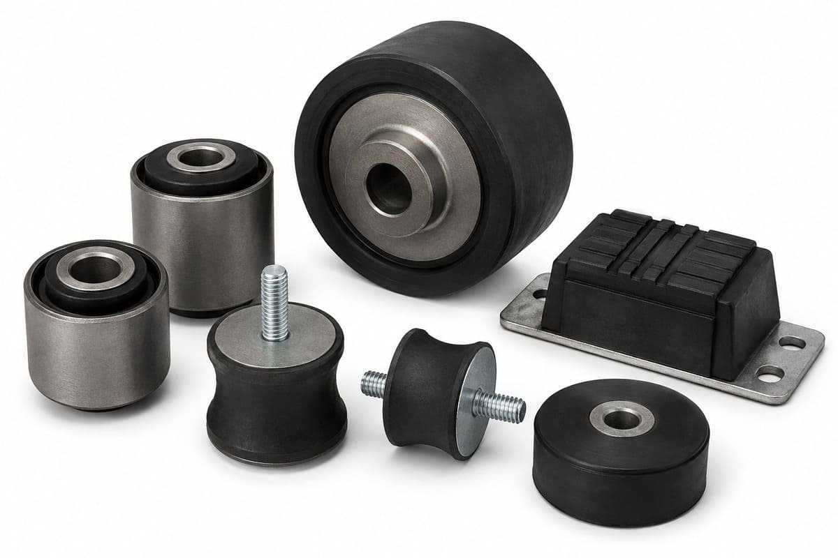 Heavy equipment rubber-to-metal components including bonded bushings, rollers, vibration mounts, buffers, and wear-resistant pads.