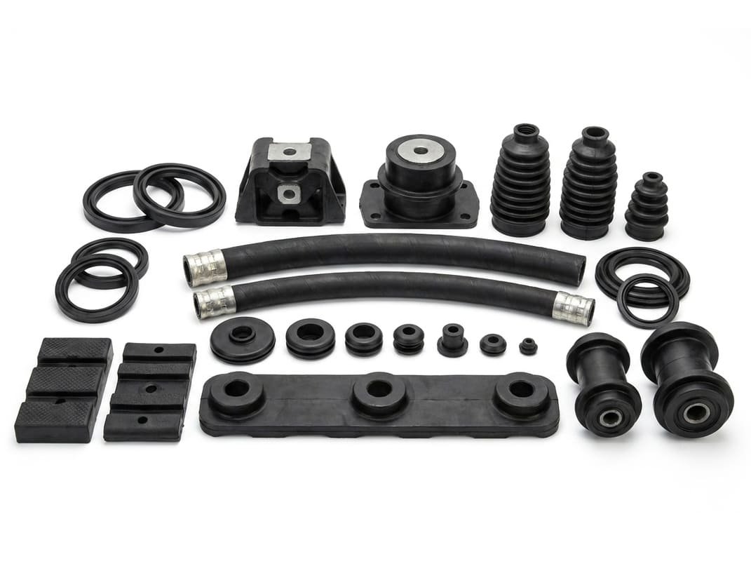 Heavy equipment rubber parts including hydraulic hoses, vibration mounts, bellows, seals, buffers, and rubber-to-metal components.