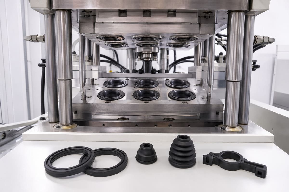 Hydraulic rubber seal molding process with multi-cavity tooling producing black seals, bellows, and molded heavy equipment components.
